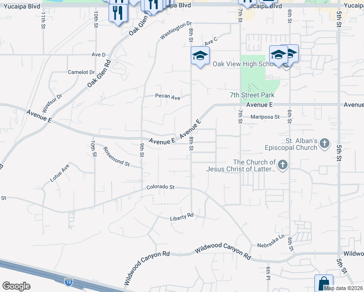 map of restaurants, bars, coffee shops, grocery stores, and more near 33675 Northview Drive in Yucaipa