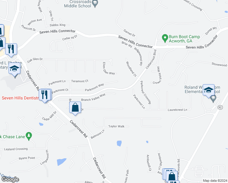 map of restaurants, bars, coffee shops, grocery stores, and more near 363 Branch Valley Way in Dallas