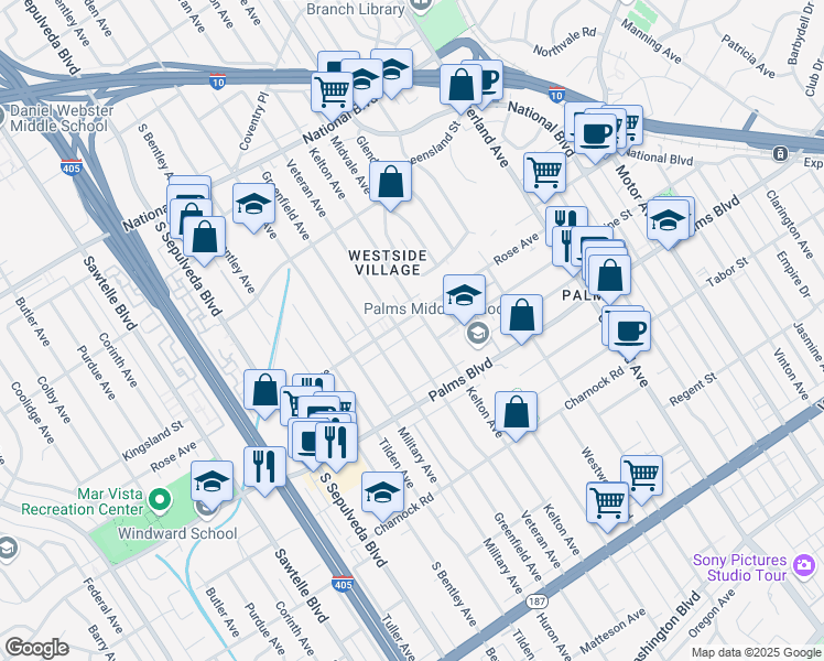 map of restaurants, bars, coffee shops, grocery stores, and more near 10914 Rose Avenue in Los Angeles