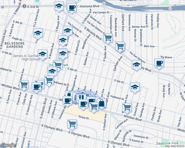 map of restaurants, bars, coffee shops, grocery stores, and more near 5555 East 6th Street in East Los Angeles