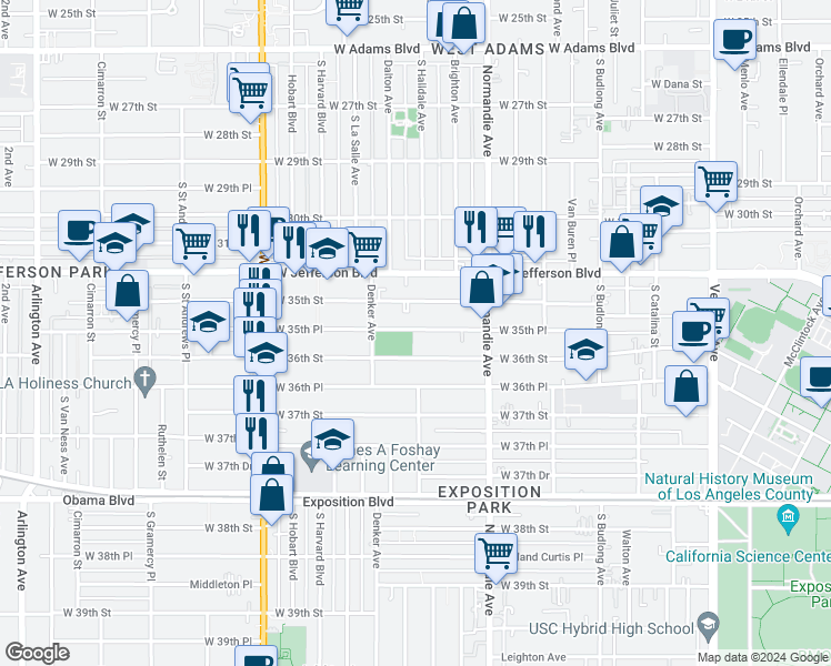 map of restaurants, bars, coffee shops, grocery stores, and more near 1492 West 35th Place in Los Angeles