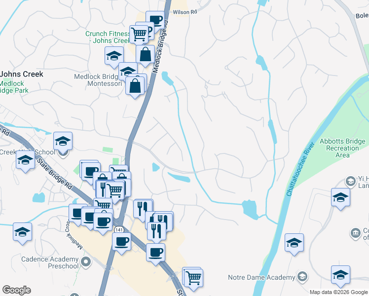 map of restaurants, bars, coffee shops, grocery stores, and more near 1030 Quaker Ridge Way in Duluth