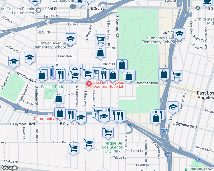 map of restaurants, bars, coffee shops, grocery stores, and more near 4122 Whittier Boulevard in Los Angeles