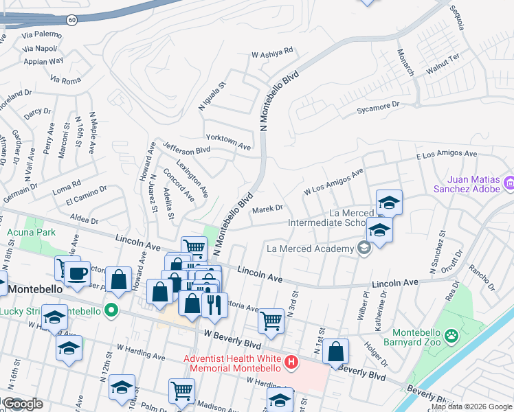 map of restaurants, bars, coffee shops, grocery stores, and more near 600 Marek Drive in Montebello