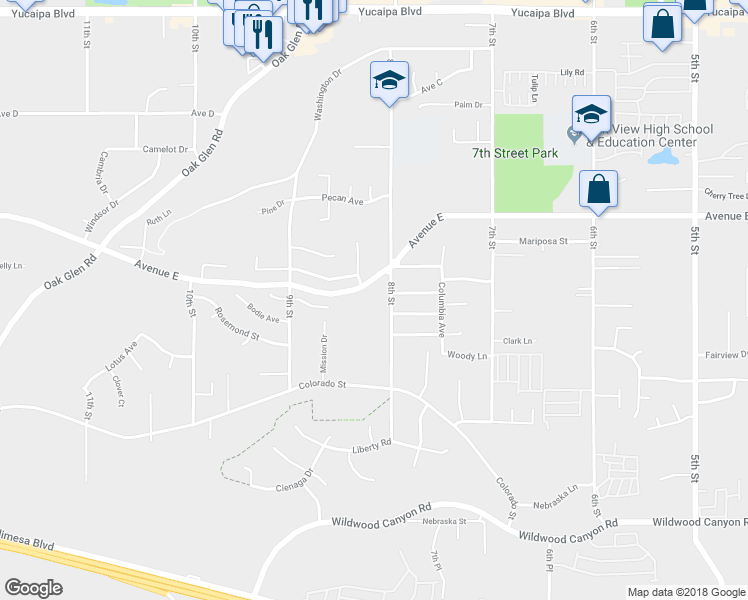 map of restaurants, bars, coffee shops, grocery stores, and more near 33675 Northview Drive in Yucaipa