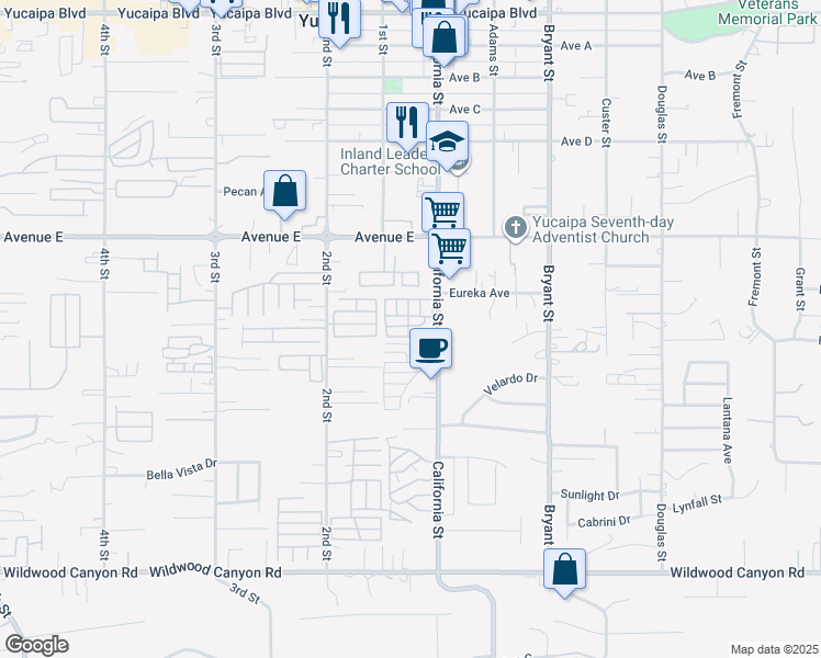 map of restaurants, bars, coffee shops, grocery stores, and more near 12650 California Street in Yucaipa