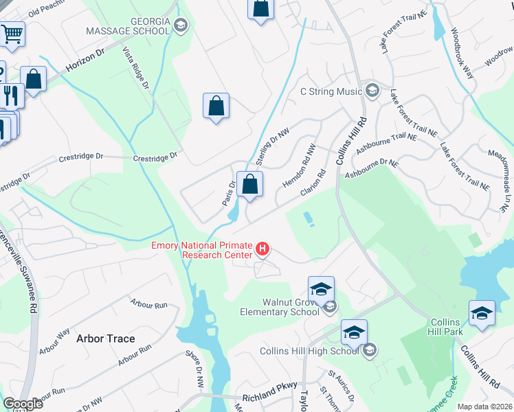 map of restaurants, bars, coffee shops, grocery stores, and more near 2518 Kiner Court Northeast in Lawrenceville