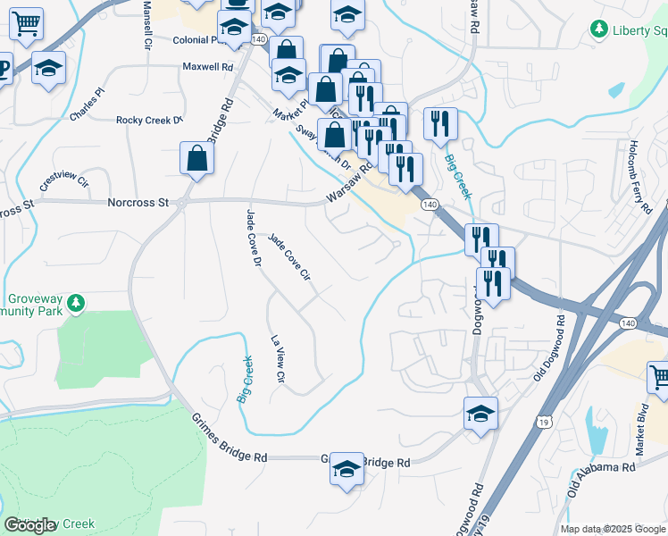 map of restaurants, bars, coffee shops, grocery stores, and more near 225 Carriage Station Circle in Roswell