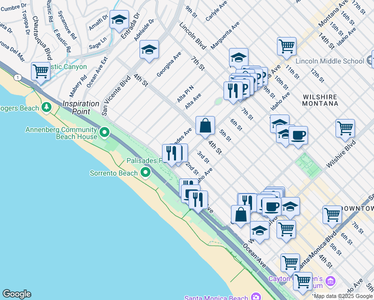 map of restaurants, bars, coffee shops, grocery stores, and more near 801 2nd Street in Santa Monica