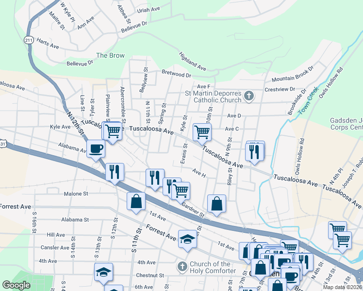 map of restaurants, bars, coffee shops, grocery stores, and more near 1030 Tuscaloosa Avenue in Gadsden