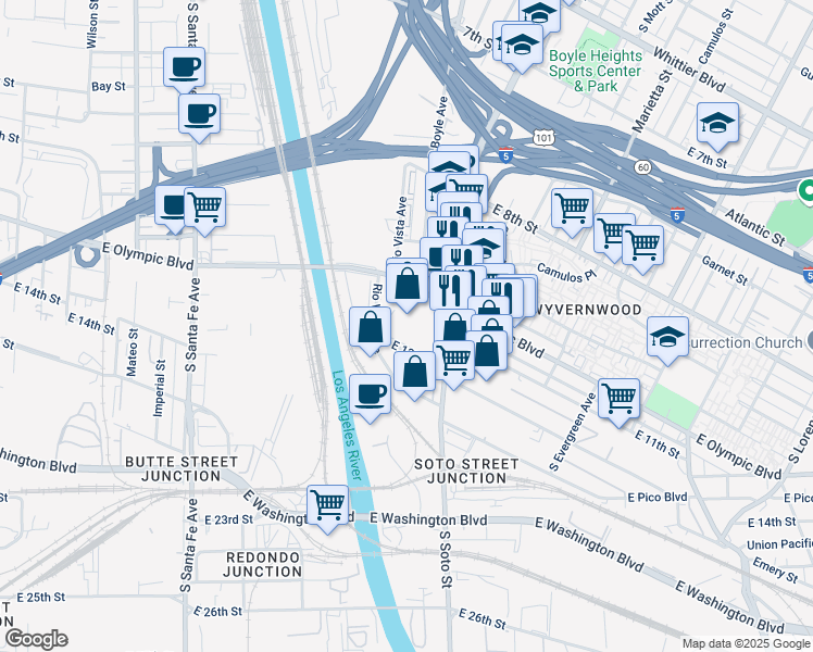 map of restaurants, bars, coffee shops, grocery stores, and more near 2501-2699 East 12th Street in Los Angeles