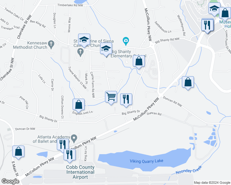 map of restaurants, bars, coffee shops, grocery stores, and more near 2941 Carrie Farm Road in Kennesaw