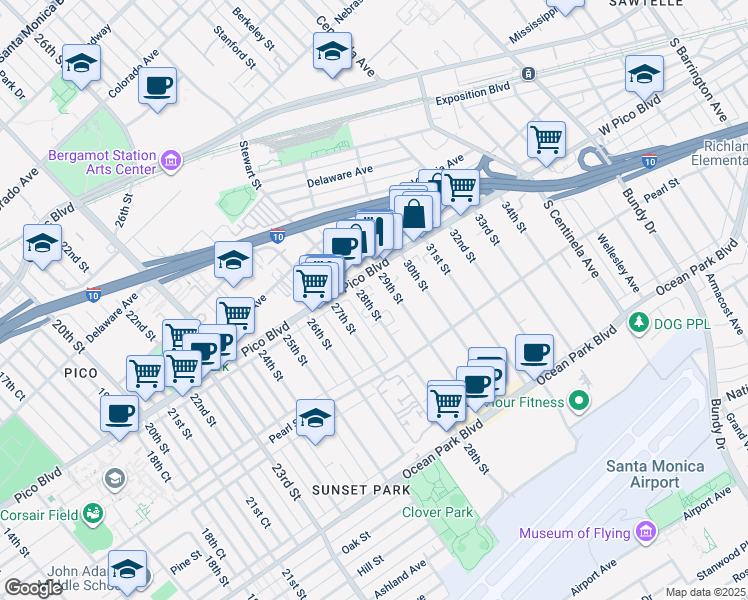 map of restaurants, bars, coffee shops, grocery stores, and more near 2308 28th Street in Santa Monica