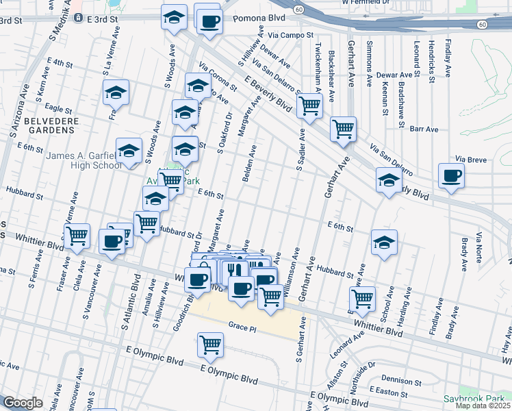 map of restaurants, bars, coffee shops, grocery stores, and more near Eastmont Avenue in East Los Angeles