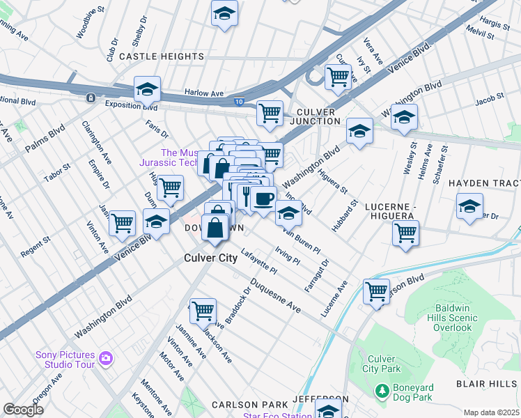 map of restaurants, bars, coffee shops, grocery stores, and more near 3927 Van Buren Place in Culver City