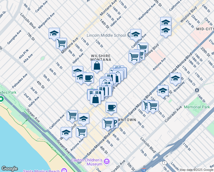 map of restaurants, bars, coffee shops, grocery stores, and more near 1133 9th Street in Santa Monica