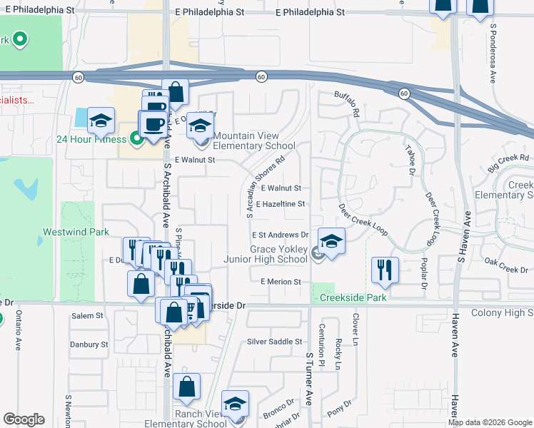 map of restaurants, bars, coffee shops, grocery stores, and more near 3001 East Saint Andrews Drive in Ontario