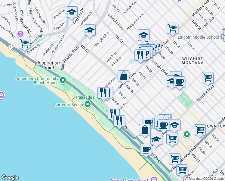 map of restaurants, bars, coffee shops, grocery stores, and more near 219 Montana Avenue in Santa Monica