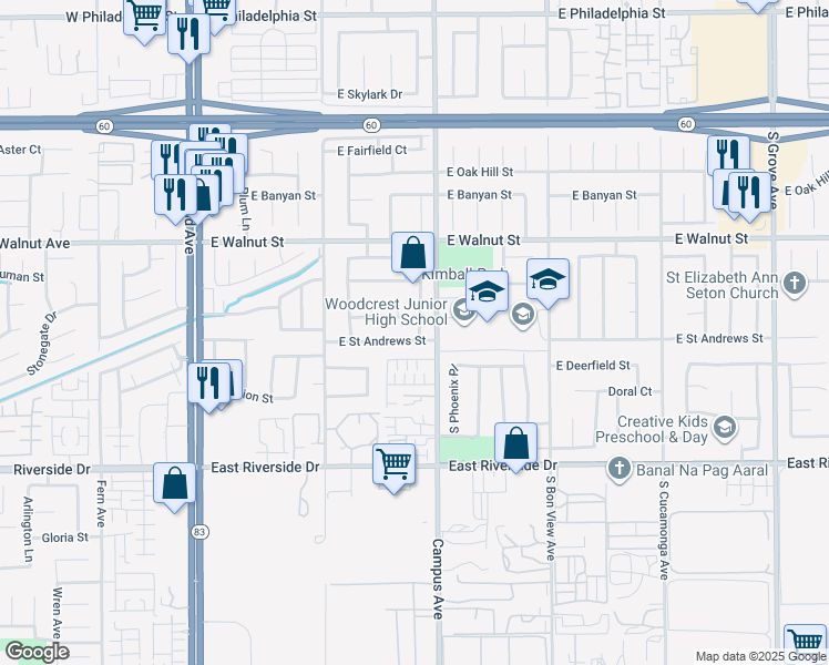 map of restaurants, bars, coffee shops, grocery stores, and more near 664 East Saint Andrews Street in Ontario