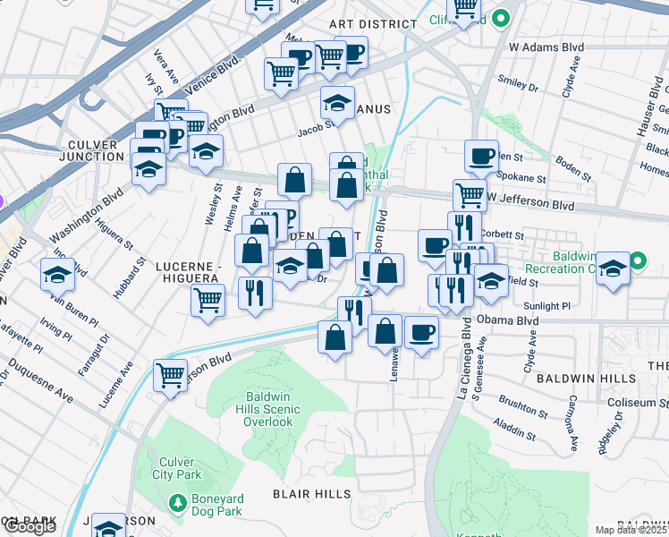 map of restaurants, bars, coffee shops, grocery stores, and more near 3625-3677 Eastham Dr in Culver City