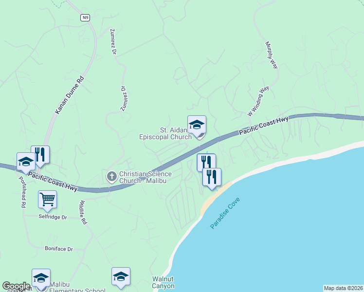 map of restaurants, bars, coffee shops, grocery stores, and more near 28188 Rey De Copas Lane in Malibu