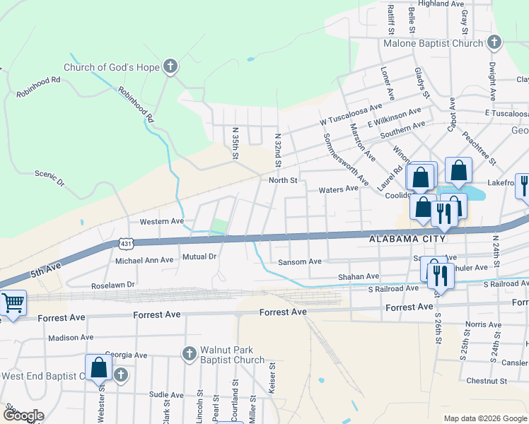 map of restaurants, bars, coffee shops, grocery stores, and more near 416 North 32nd Street in Gadsden