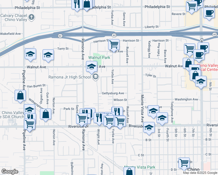 map of restaurants, bars, coffee shops, grocery stores, and more near 12639 Thomas Place in Chino