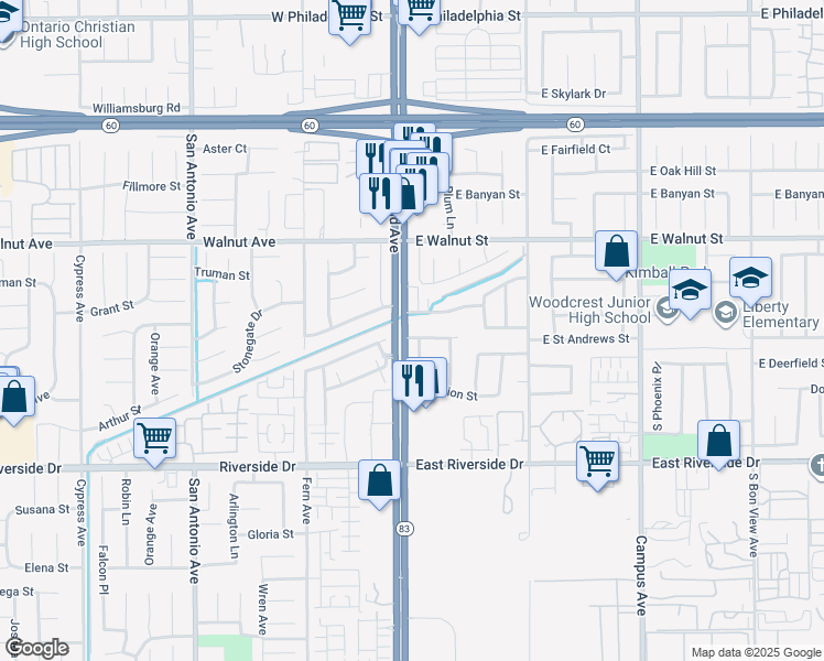 map of restaurants, bars, coffee shops, grocery stores, and more near 125 East Saint Andrews Street in Ontario