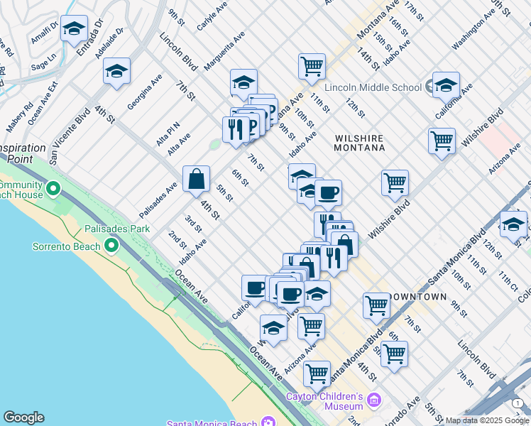 map of restaurants, bars, coffee shops, grocery stores, and more near 938 6th Street in Santa Monica