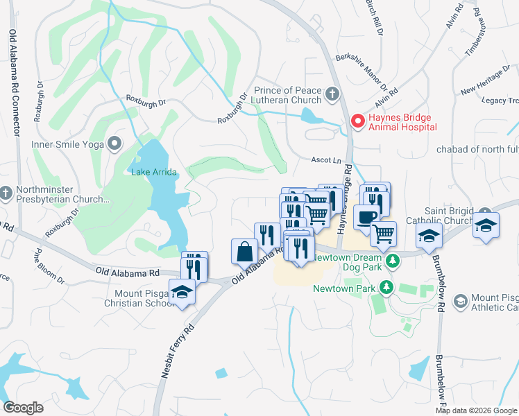 map of restaurants, bars, coffee shops, grocery stores, and more near 215 Ivey Oaks Way in Roswell