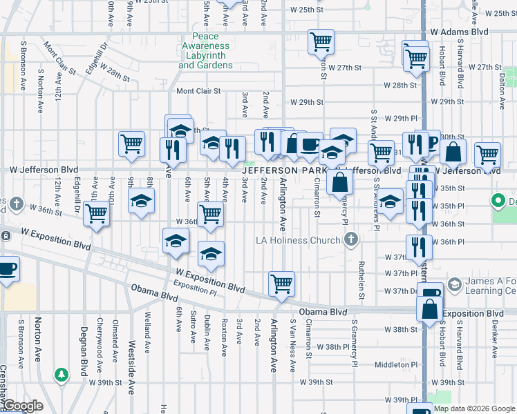 map of restaurants, bars, coffee shops, grocery stores, and more near 2nd Avenue in Los Angeles
