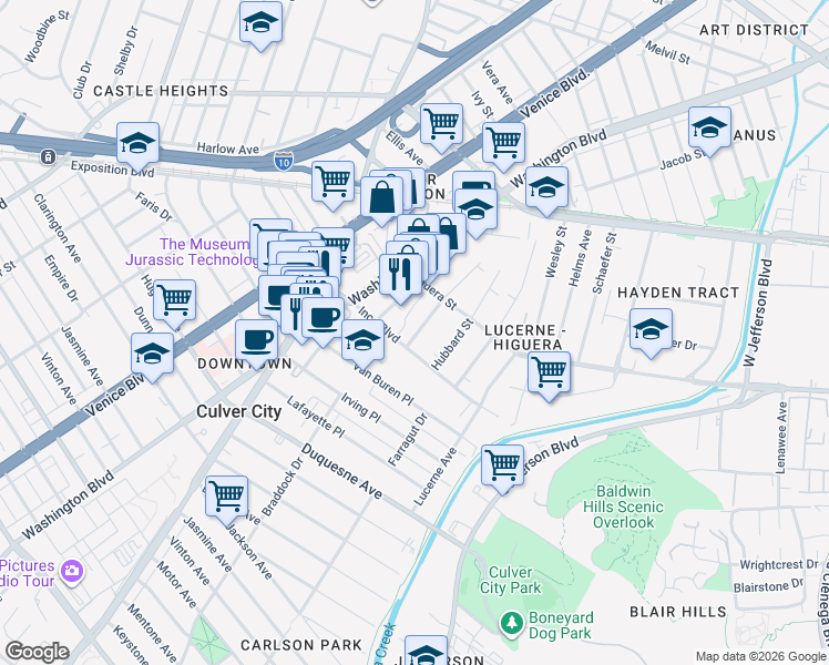 map of restaurants, bars, coffee shops, grocery stores, and more near in Culver City
