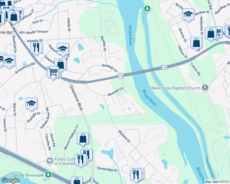 map of restaurants, bars, coffee shops, grocery stores, and more near 601 Riverhill Circle in Columbia