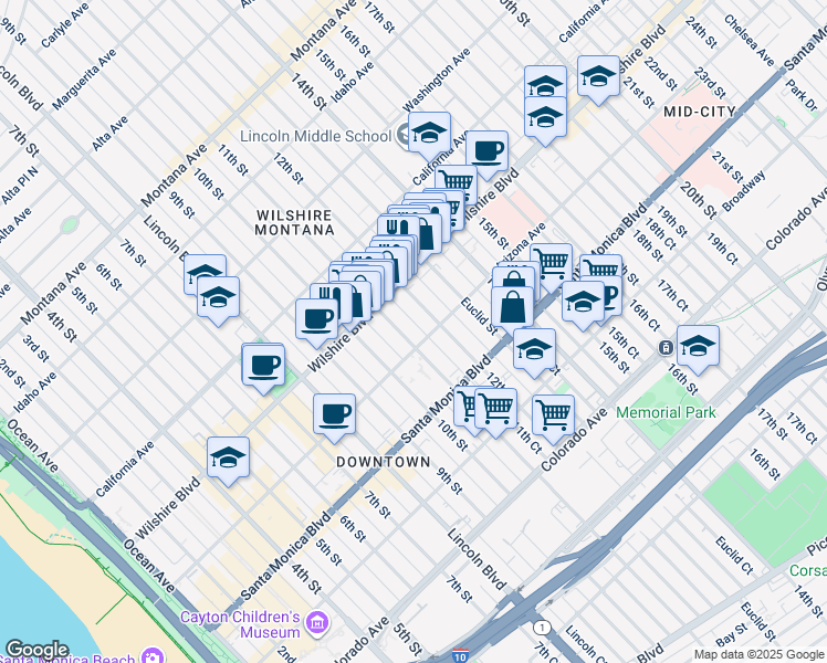 map of restaurants, bars, coffee shops, grocery stores, and more near 1315 11th Street in Santa Monica