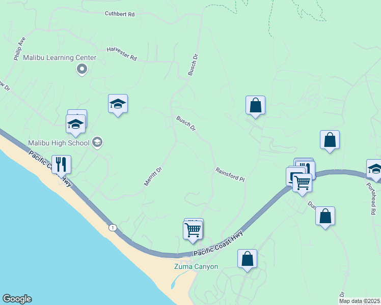 map of restaurants, bars, coffee shops, grocery stores, and more near 6110 Merritt Drive in Malibu