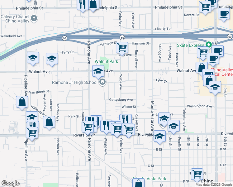 map of restaurants, bars, coffee shops, grocery stores, and more near 12639 Thomas Place in Chino