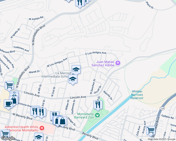 map of restaurants, bars, coffee shops, grocery stores, and more near 812 North View Crest Drive in Montebello