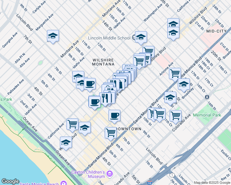 map of restaurants, bars, coffee shops, grocery stores, and more near 1000 Wilshire Boulevard in Santa Monica