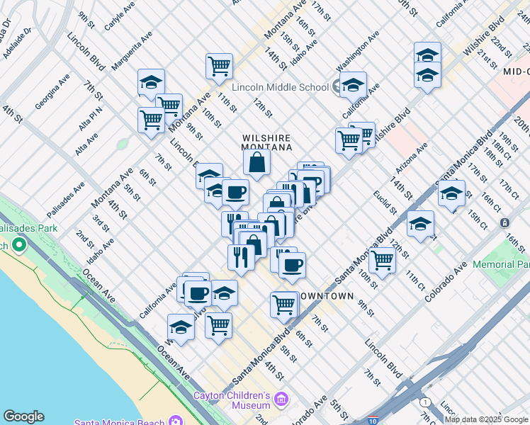 map of restaurants, bars, coffee shops, grocery stores, and more near 1118 9th Street in Santa Monica
