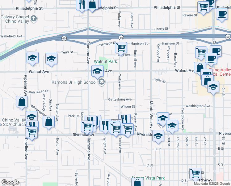 map of restaurants, bars, coffee shops, grocery stores, and more near 12672 Thomas Place in Chino