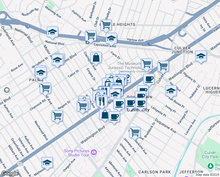 map of restaurants, bars, coffee shops, grocery stores, and more near 3767 Clarington Avenue in Los Angeles