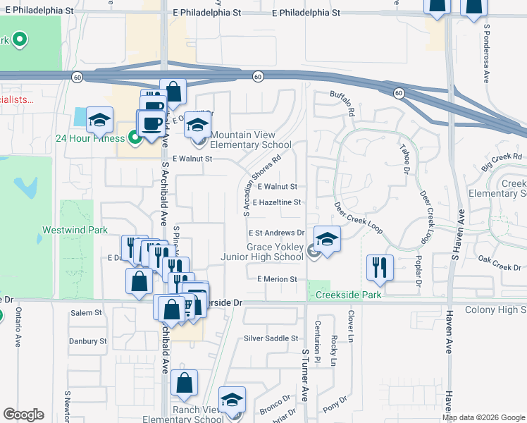 map of restaurants, bars, coffee shops, grocery stores, and more near 3001 East Saint Andrews Drive in Ontario