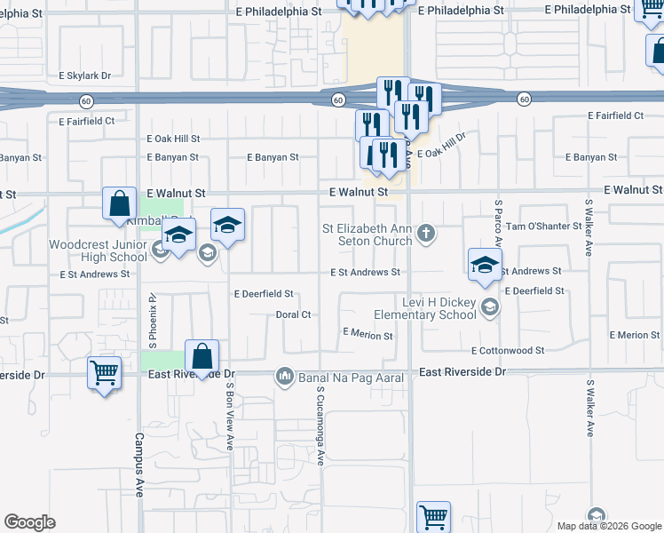 map of restaurants, bars, coffee shops, grocery stores, and more near 1119 East Deerfield Street in Ontario