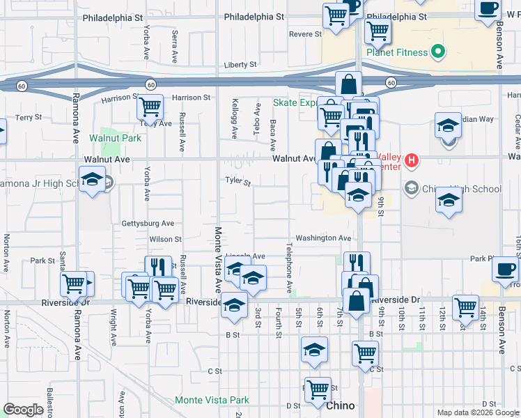 map of restaurants, bars, coffee shops, grocery stores, and more near 12686 3rd Street in Chino