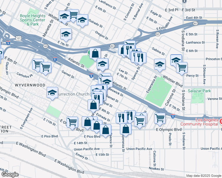 map of restaurants, bars, coffee shops, grocery stores, and more near 3423 Garnet Street in Los Angeles