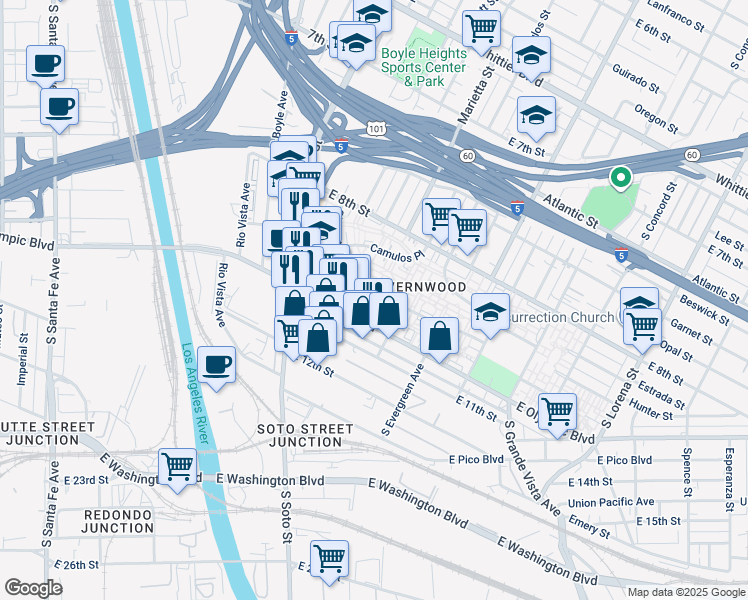 map of restaurants, bars, coffee shops, grocery stores, and more near 2855 East Olympic Boulevard in Los Angeles