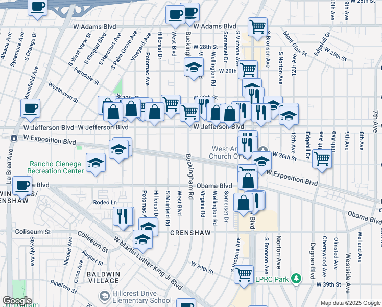 map of restaurants, bars, coffee shops, grocery stores, and more near 3506 West Boulevard in Los Angeles