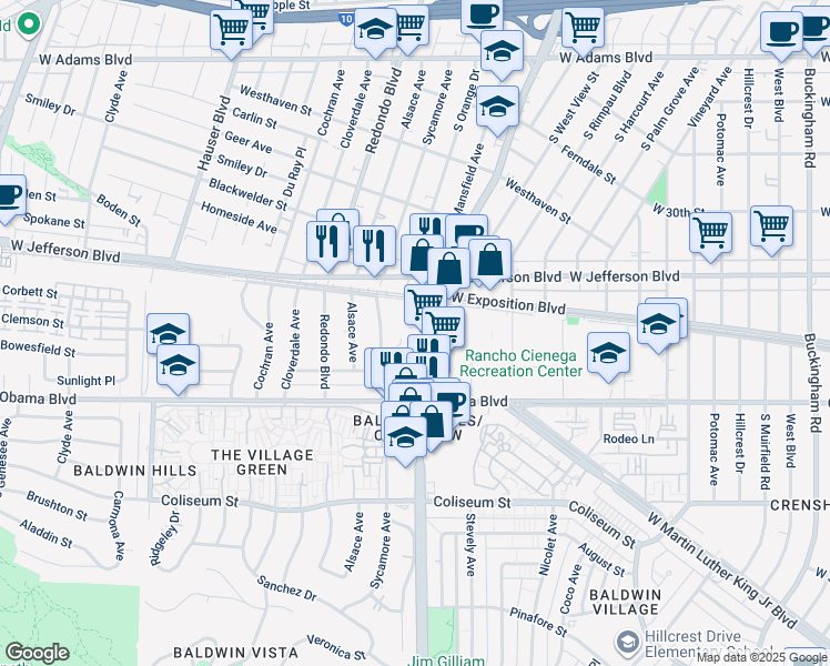 map of restaurants, bars, coffee shops, grocery stores, and more near 3507 South La Brea Avenue in Los Angeles