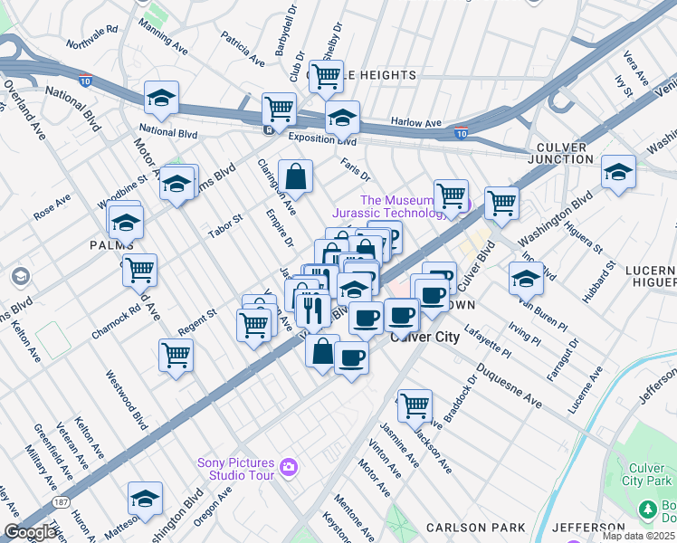 map of restaurants, bars, coffee shops, grocery stores, and more near 3767 Clarington Avenue in Los Angeles