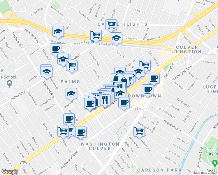 map of restaurants, bars, coffee shops, grocery stores, and more near 3742 Jasmine Avenue in Los Angeles